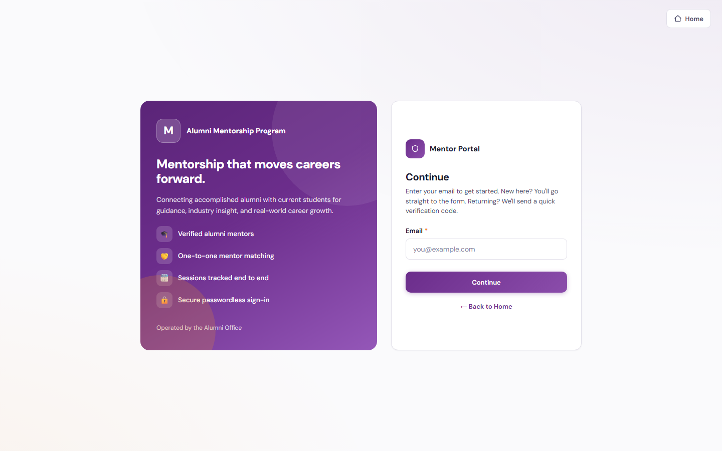 Mentor sign-in screen