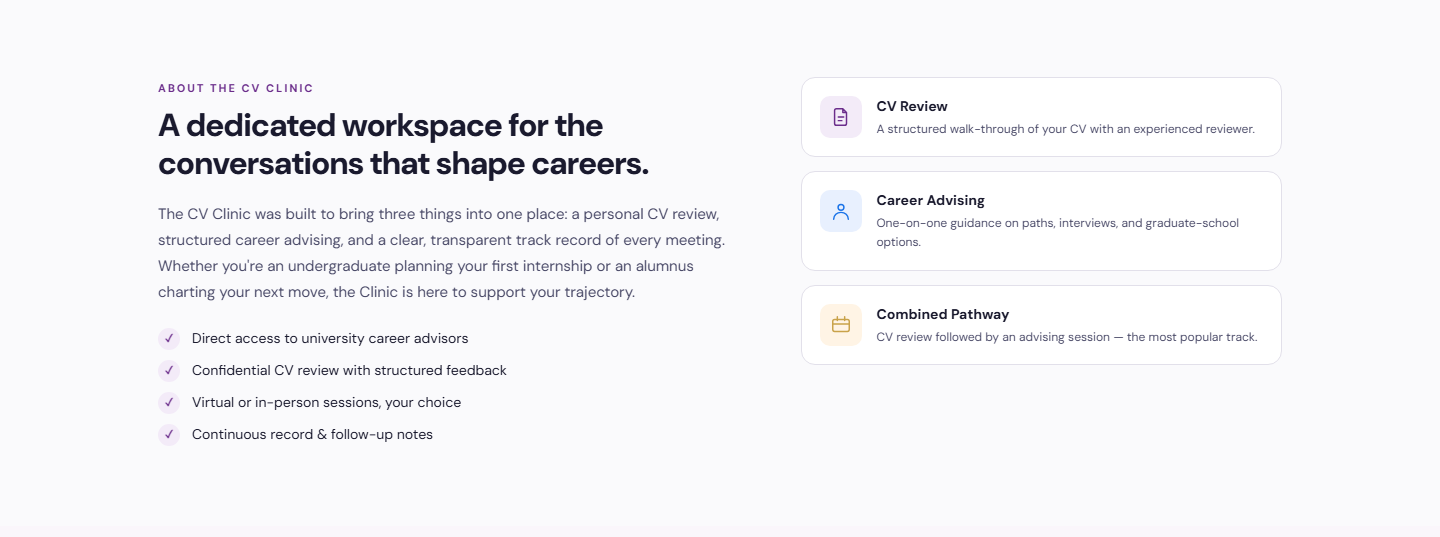 About the CV Clinic section with service tracks