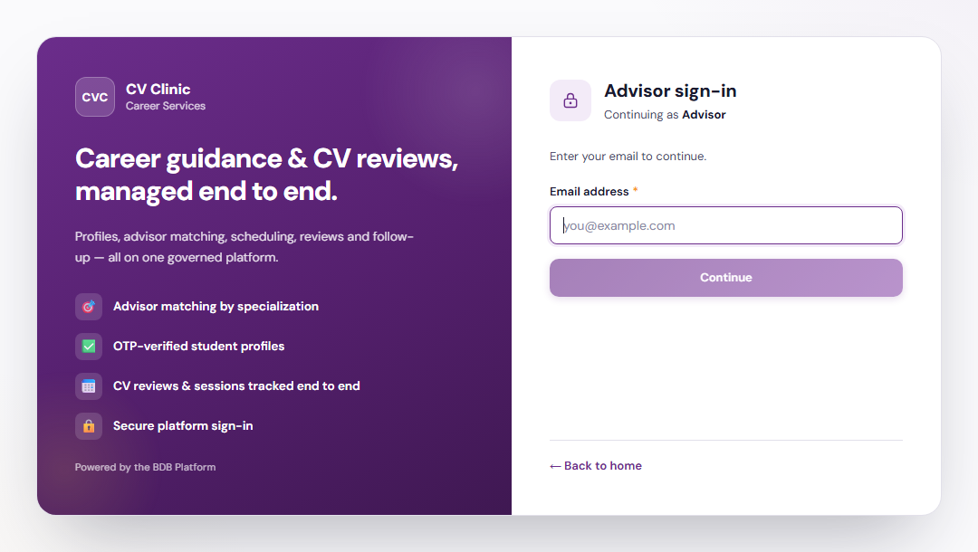 Advisor sign-in screen