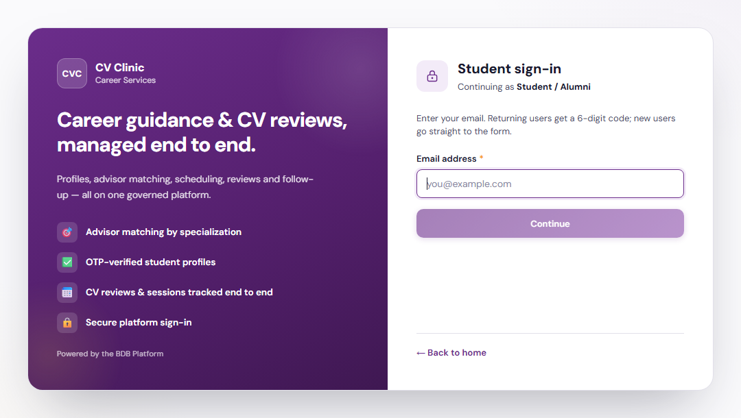 Student sign-in screen