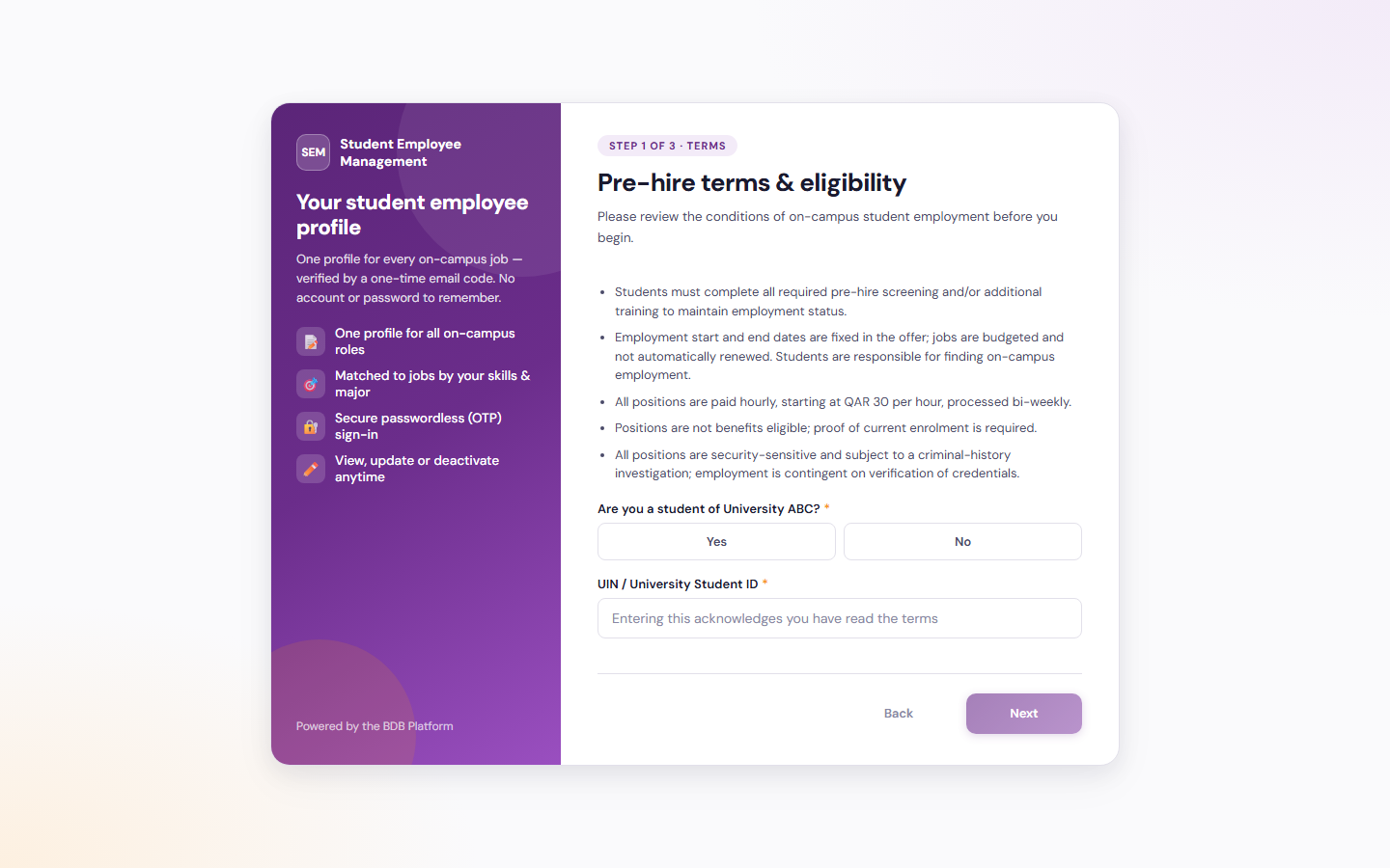 Student sign-in screen