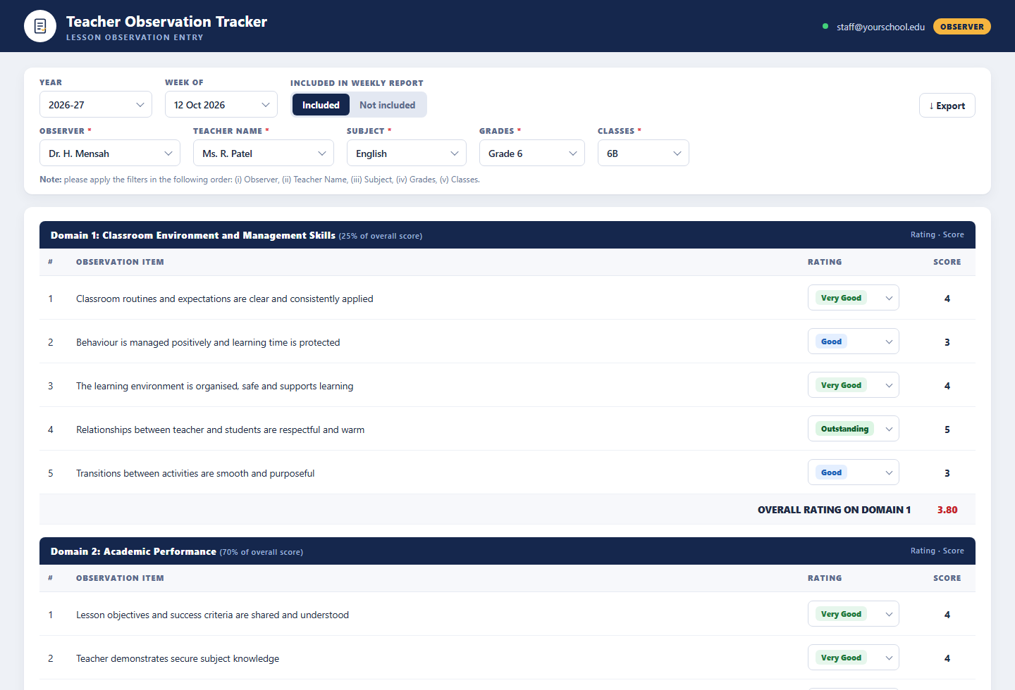Teacher Observation Tracker landing page