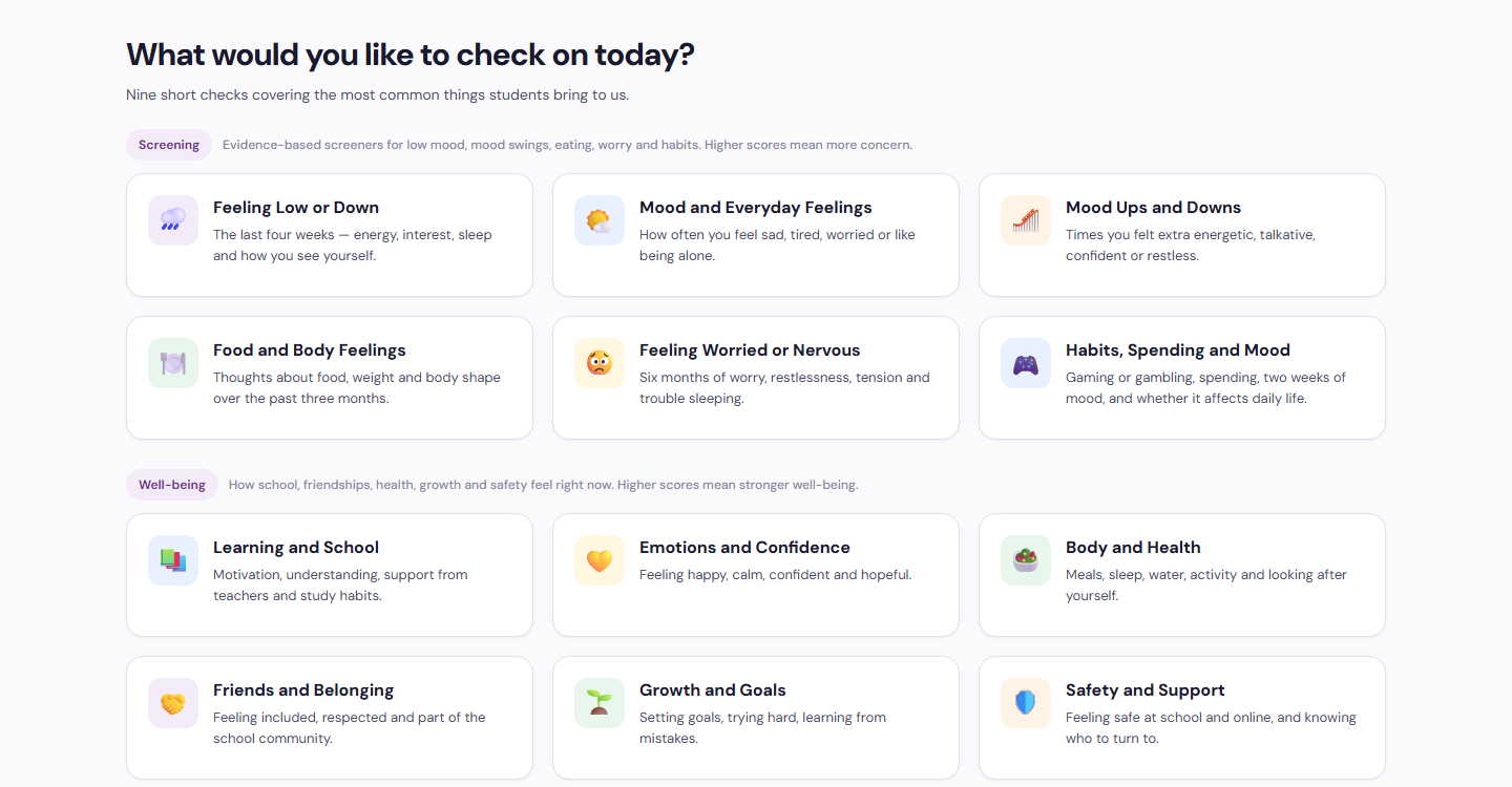Twelve checks: six screeners and six well-being surveys